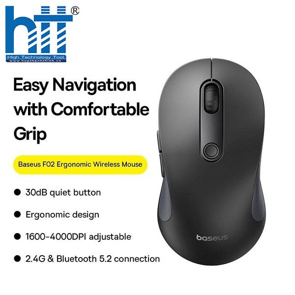 Chuột không dây Baseus F02 Ergonomic BLACK – Kết nối Bluetooth + 2.4GHz cực tiện.