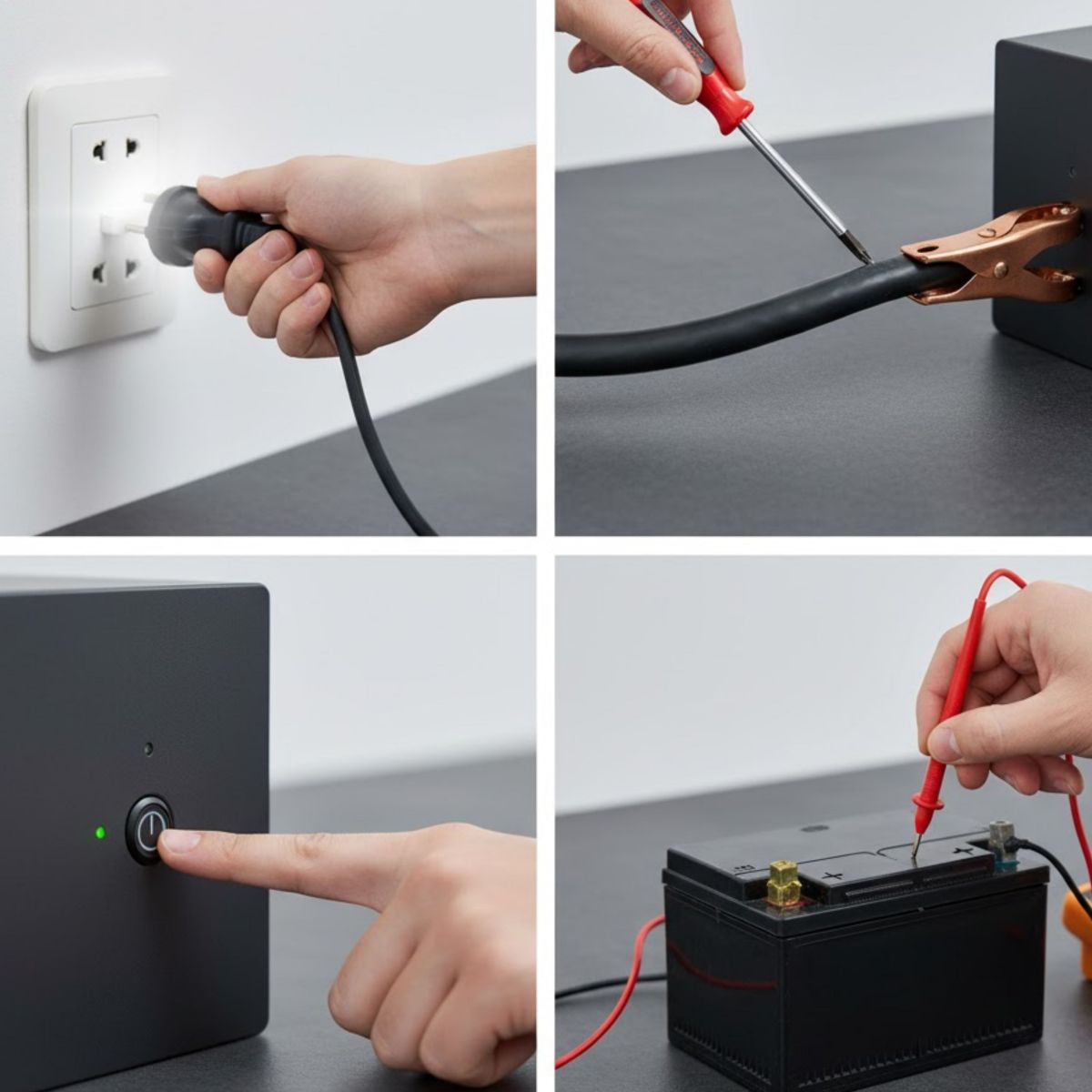 Kỹ thuật viên kiểm tra ắc quy UPS bằng đồng hồ vạn năng